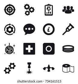 16 vector icon set : target, gear, report, group, around gear, ballon, info, disco ball, first aid, ring button, inflatable pool, hard reach place cleaning, toilet paper