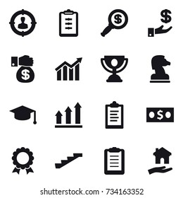 16 vector icon set : target audience, clipboard, dollar magnifier, investment, money gift, diagram, trophy, chess horse, graduate hat, graph up, money, medal, stairs, housing