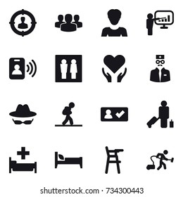 16 vector icon set : target audience, group, woman, presentation, pass card, wc, tourist, check in, passenger, hospital, bed, Chair for babies, vacuum cleaner