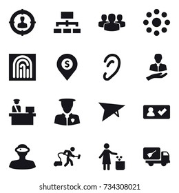 16 vector icon set : target audience, hierarchy, group, round around, fingerprint, dollar pin, deltaplane, check in, vacuum cleaner, garbage bin, home call cleaning