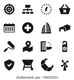 16 vector icon set : target, hierarchy, lightning, delete cart, calendar, skyscraper, warehouse, repair, hotel, do not distrub, windmill