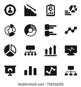 16 vector icon set : target audience, crisis, report, diagram, circle diagram, graph, structure, graph up, presentation, hierarchy