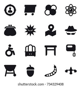 16 vector icon set : target audience, delivery, atom core, atom, purse, invalid, dresser, stool, acorn, peas, hard reach place cleaning