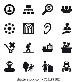 16 vector icon set : target audience, hierarchy, dollar magnifier, group, round around, fingerprint, tourist, baggage checking, inspector, garden cleaning, garbage bin, cleaner