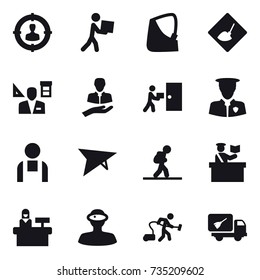 16 vector icon set : target audience, courier, under construction, architector, deltaplane, tourist, inspector, reception, vacuum cleaner, home call cleaning