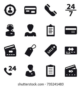16 vector icon set : target audience, card, phone, 24/7, call center, woman, clipboard, credit card, label, sale label