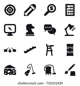 16 vector icon set : target, pencil, dollar magnifier, abacus, monitor arrow, chess horse, discussion, table lamp, drawbridge, stairs, Chair for babies, cheese, vacuum cleaner, toilet brush