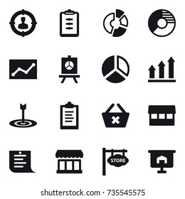 16 vector icon set : target audience, clipboard, circle diagram, statistic, presentation, diagram, graph up, target, delete cart, market, shopping list, store signboard