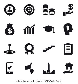 16 vector icon set : target audience, target, coin stack, investment, money bag, diagram, graduate hat, bulb head, medal, stairs, mobile checking, golf, housing