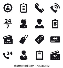 16 vector icon set : target audience, clipboard, phone, call, 24/7, call center, woman, credit card, label, sale label