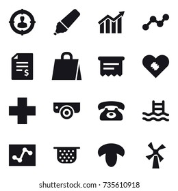 16 vector icon set : target audience, marker, diagram, graph, account balance, shopping bag, atm receipt, surveillance camera, phone, pool, colander, mushroom, windmill