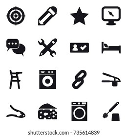 16 vector icon set : target, pencil, star, monitor arrow, discussion, pencil wrench, check in, bed, Chair for babies, washing machine, garlic clasp, walnut crack, cheese, toilet brush