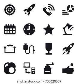 16 vector icon set : target, rocket, call, diagram, calendar, clock, star, table lamp, electrostatic, hand mill, hand drop