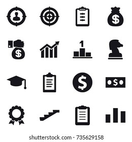 16 vector icon set : target audience, target, clipboard, money bag, money gift, diagram, pedestal, chess horse, graduate hat, dollar coin, money, medal, stairs