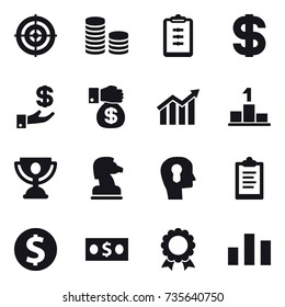 16 vector icon set : target, coin stack, clipboard, dollar, investment, money gift, diagram, pedestal, trophy, chess horse, bulb head, dollar coin, money, medal