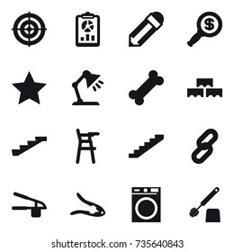 16 vector icon set : target, report, pencil, dollar magnifier, star, table lamp, block wall, stairs, Chair for babies, garlic clasp, walnut crack, washing machine, toilet brush