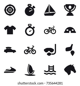 16 vector icon set : target, stopwatch, boat, trophy, t-shirt, bike, dome house, car baggage, diving mask, golf, jet ski, windsurfing, pool, horse