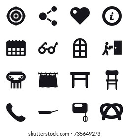 16 vector icon set : target, molecule, heart, info, arch window, antique column, curtain, stool, chair, pan