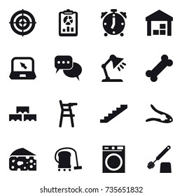 16 vector icon set : target, report, alarm clock, warehouse, notebook, discussion, table lamp, block wall, Chair for babies, stairs, walnut crack, cheese, vacuum cleaner, washing machine