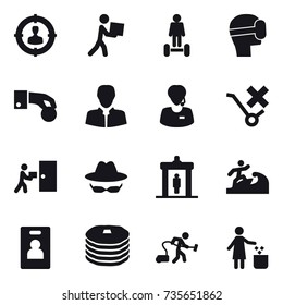 16 vector icon set : target audience, courier, hoverboard, virtual mask, hand coin, detector, surfer, identity card, vacuum cleaner, garbage bin