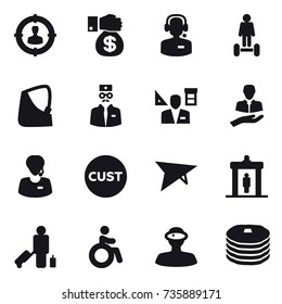 16 vector icon set : target audience, money gift, call center, hoverboard, architector, deltaplane, detector, passenger, invalid