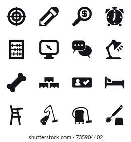 16 vector icon set : target, pencil, dollar magnifier, alarm clock, abacus, monitor arrow, discussion, table lamp, block wall, check in, bed, Chair for babies, vacuum cleaner, toilet brush