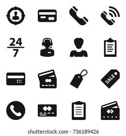 16 vector icon set : target audience, card, phone, call, 24/7, call center, woman, clipboard, credit card, label, sale label