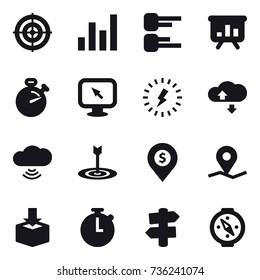 16 vector icon set : target, graph, diagram, presentation, stopwatch, monitor arrow, lightning, cloude service, cloud wireless, dollar pin, signpost, compass