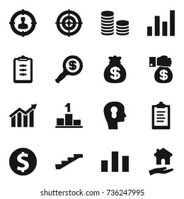 16 vector icon set : target audience, target, coin stack, graph, clipboard, dollar magnifier, money bag, money gift, diagram, pedestal, bulb head, dollar coin, stairs, housing