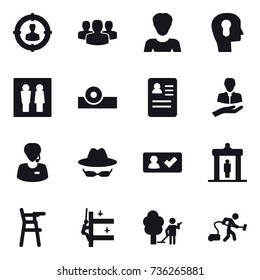 16 vector icon set : target audience, group, woman, bulb head, wc, check in, detector, Chair for babies, skyscrapers cleaning, garden cleaning, vacuum cleaner