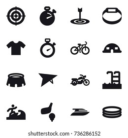 16 vector icon set : target, stopwatch, smart bracelet, t-shirt, bike, dome house, stadium, deltaplane, motorcycle, pool, surfer, golf, yacht, inflatable pool