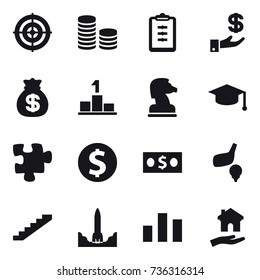 16 vector icon set : target, coin stack, clipboard, investment, money bag, pedestal, chess horse, graduate hat, puzzle, dollar coin, money, golf, stairs, housing