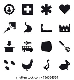 16 vector icon set : target audience, ruler, gothic architecture, transfer, whisk, seeds, chicken, goose, rabbit