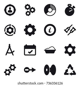 16 vector icon set : target audience, gear, circle diagram, stopwatch, around gear, info, draw compass, washing