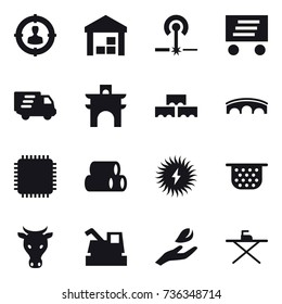 16 vector icon set : target audience, warehouse, laser, delivery, arch, block wall, bridge, colander, cow, harvester, hand leaf, iron board