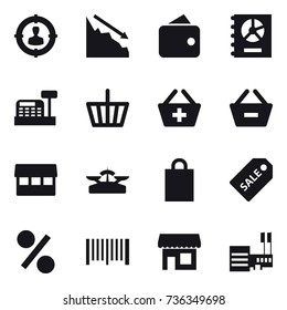 16 vector icon set : target audience, crisis, wallet, annual report, cashbox, basket, add to basket, remove from basket, market, scales, shopping bag, sale label, percent, barcode, shop, mall