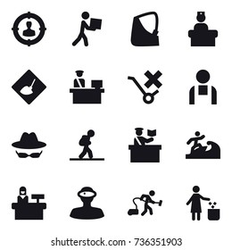 16 vector icon set : target audience, courier, under construction, tourist, inspector, surfer, reception, vacuum cleaner, garbage bin