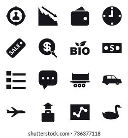 16 vector icon set : target audience, crisis, wallet, clock, sale, dollar arrow, bio, money, list, plane, baggage, goose