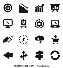 16 vector icon set : target, crisis, diagram, presentation, monitor arrow, around gear, notebook, up down arrow, lightning, cloude service, add to cart, left arrow, signpost, reload