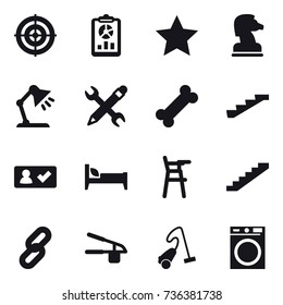 16 vector icon set : target, report, star, chess horse, table lamp, pencil wrench, stairs, check in, bed, Chair for babies, garlic clasp, vacuum cleaner, washing machine