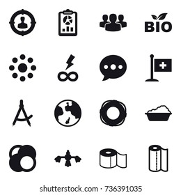 16 vector icon set : target audience, report, group, bio, round around, infinity power, ballon, draw compass, earth, lifebuoy, washing, hard reach place cleaning, toilet paper, paper towel