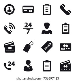16 vector icon set : target audience, card, clipboard, phone, call, 24/7, woman, credit card, label, sale label
