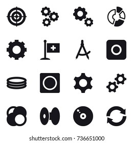 16 vector icon set : target, gear, circle diagram, draw compass, ring button, inflatable pool, reload