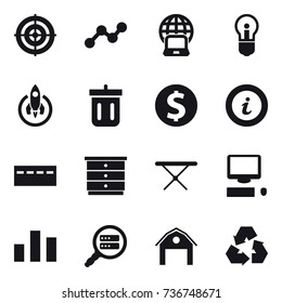 16 vector icon set : target, graph, notebook globe, bulb, rocket, bin, dollar coin, info, bunker, chest of drawers, iron board, barn, recycling