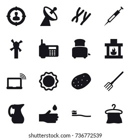 16 vector icon set : target audience, satellite antenna, windmill, toaster, fireplace, fork, jug, hand drop, tooth brush, hanger