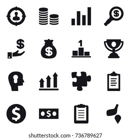 16 vector icon set : target audience, coin stack, graph, dollar magnifier, investment, money bag, pedestal, trophy, bulb head, graph up, puzzle, clipboard, dollar coin, money, golf