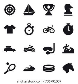 16 vector icon set : target, boat, trophy, chess horse, t-shirt, stopwatch, bike, car baggage, motorcycle, diving mask, surfer, tennis, jet ski, inflatable pool, horse