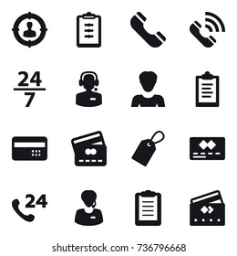 16 vector icon set : target audience, clipboard, phone, call, 24/7, call center, woman, credit card, label