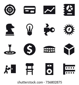 16 vector icon set : target, card, statistic, annual report, chess horse, bulb, satellite, sun power, dollar coin, airport building, 3d, chair, speaker, watering