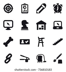 16 vector icon set : target, report, pencil, alarm clock, monitor arrow, chess horse, warehouse, notebook, check in, Chair for babies, stairs, garlic clasp, vacuum cleaner, toilet brush